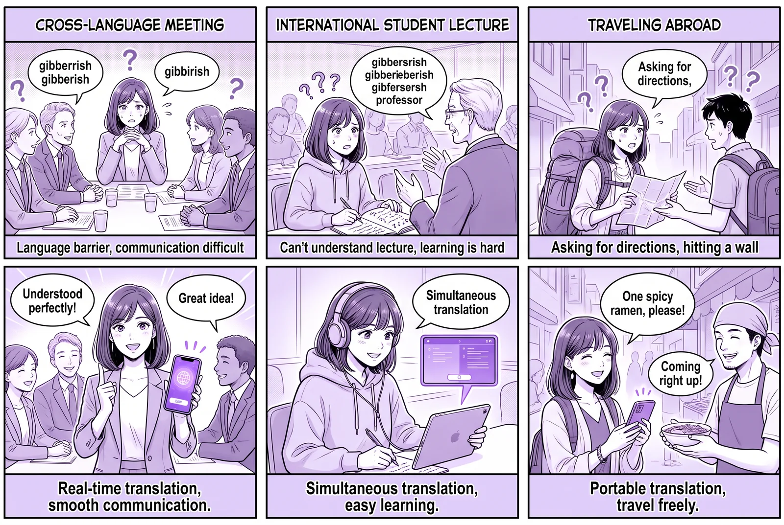 A six-panel comic story showing Felo Translator's real-time voice translation app in three everyday scenes: a multilingual business meeting, an international student lecture, and a trip abroad. In each scene, spoken words are instantly transcribed and translated into another language, with both languages shown side by side in the app. A six-panel comic story showing Felo Translator's real-time voice translation app in three everyday scenes: a multilingual business meeting, an international student lecture, and a trip abroad. In each scene, spoken words are instantly transcribed and translated into another language, with both languages shown side by side in the app.